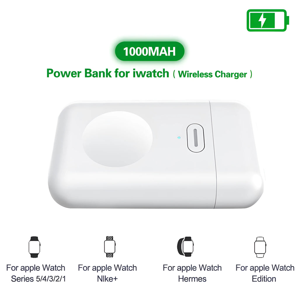 Small white 1000mAh wireless magnetic portable charger for Apple Watch next to its micro USB cable.