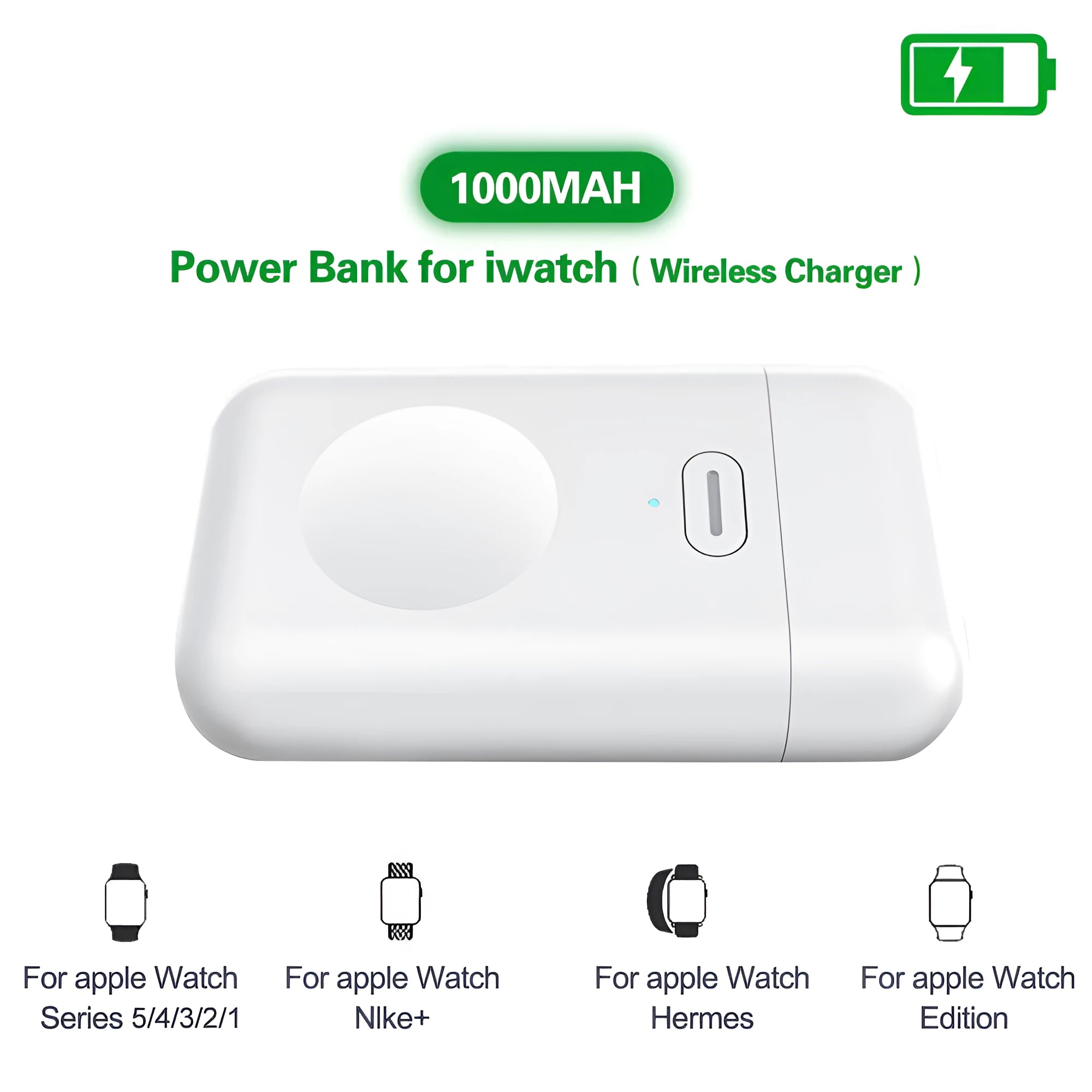 Small white 1000mAh wireless magnetic portable charger for Apple Watch next to its micro USB cable.