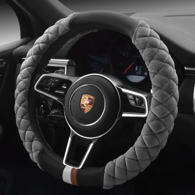 Universal 38cm plush steering wheel cover with footprint pattern, available in black, for winter warmth and non-slip grip