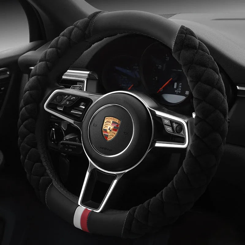 Universal 38cm plush steering wheel cover with footprint pattern, available in black, for winter warmth and non-slip grip