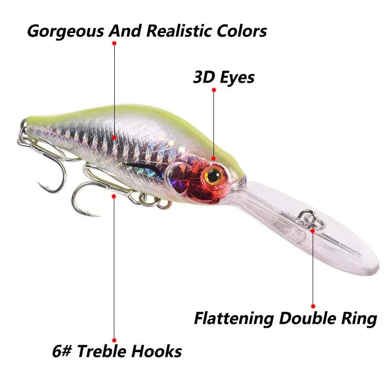 Mino Lure deep diving fishing bait showing 10.5cm length and little fat man profile in multiple colour options