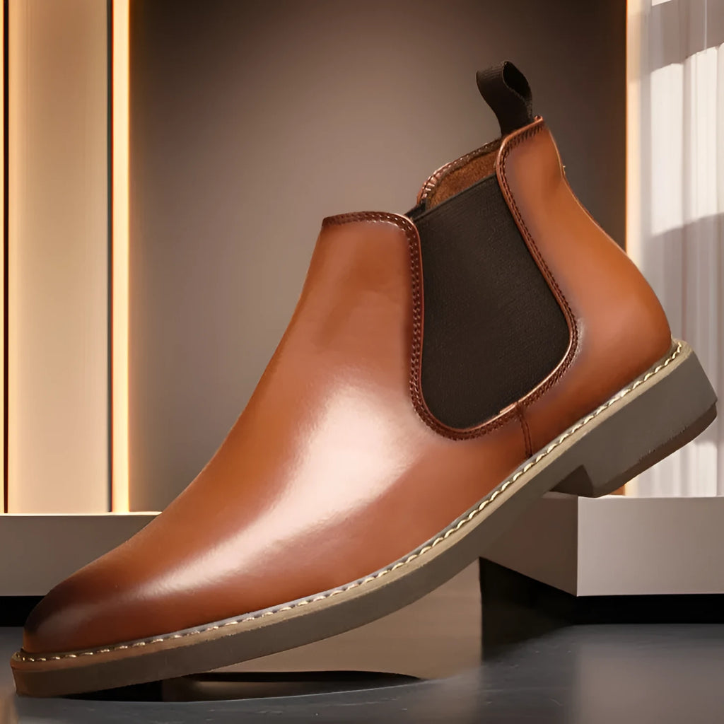 Men's British style artificial PU boots with a square heel, shown in black and yellow colours.