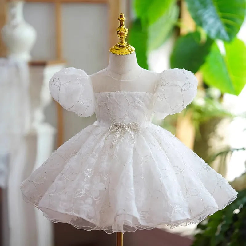 Girls' 100-day birthday party dress beige puff sleeve super fairy princess, white colour option available