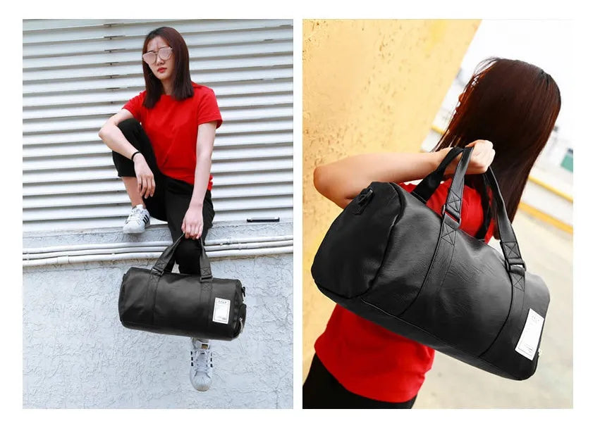 Black unisex waterproof sports bag with a separate shoe compartment and diagonal straps.