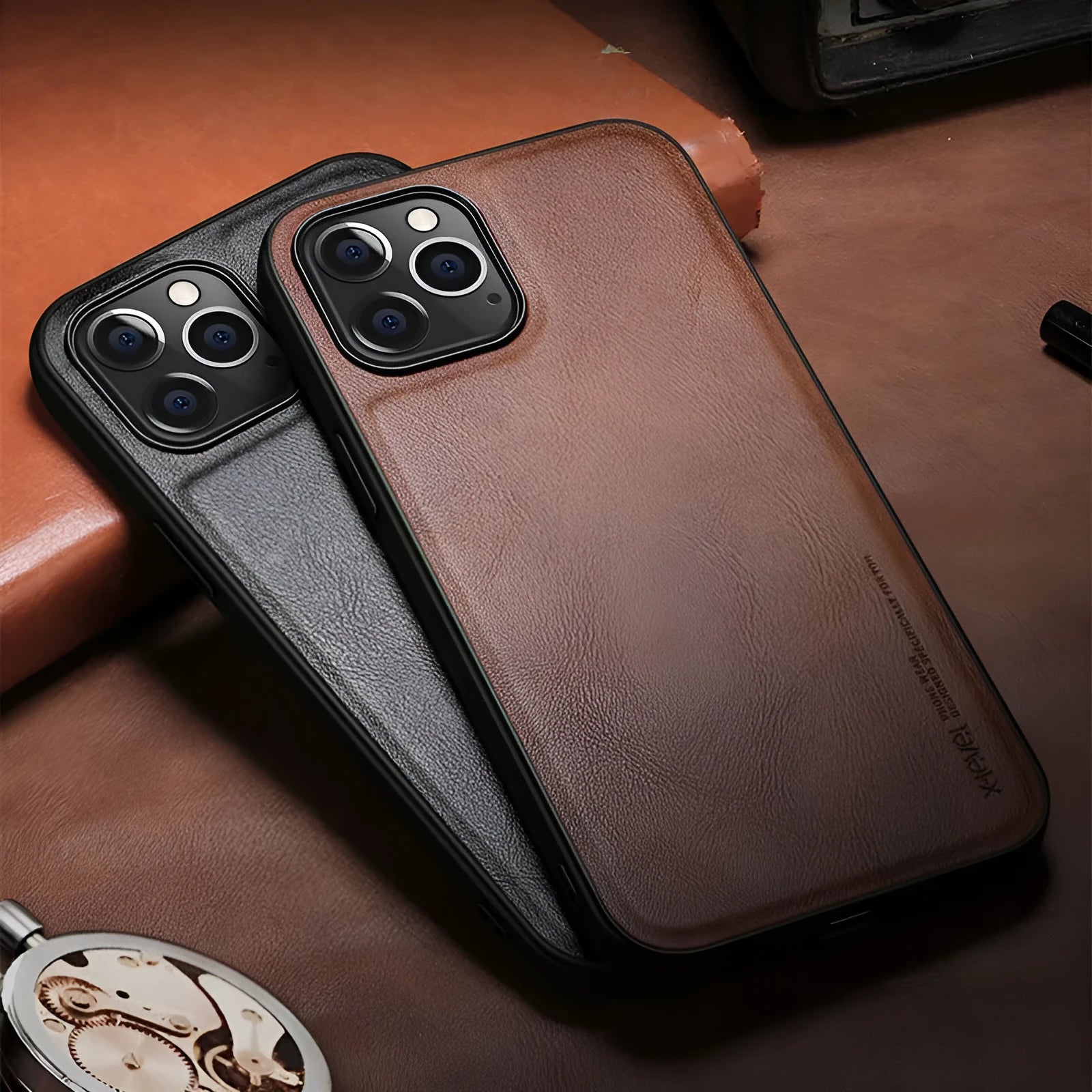 Black PU leather and TPU business phone case for iPhone 12 on a wooden table