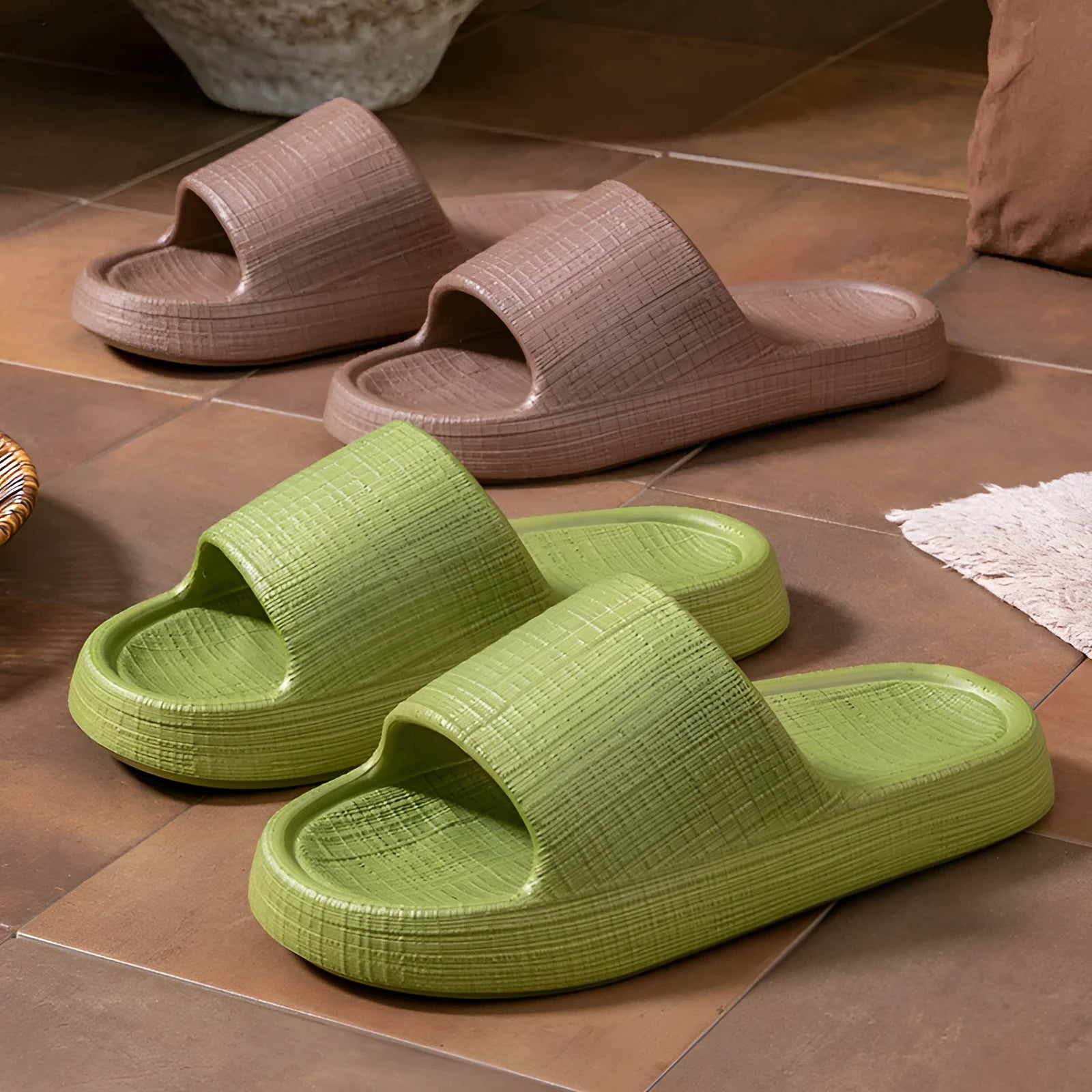 Women's non-slip EVA flip flop slippers in five colours, showing toe ring design and textured sole.