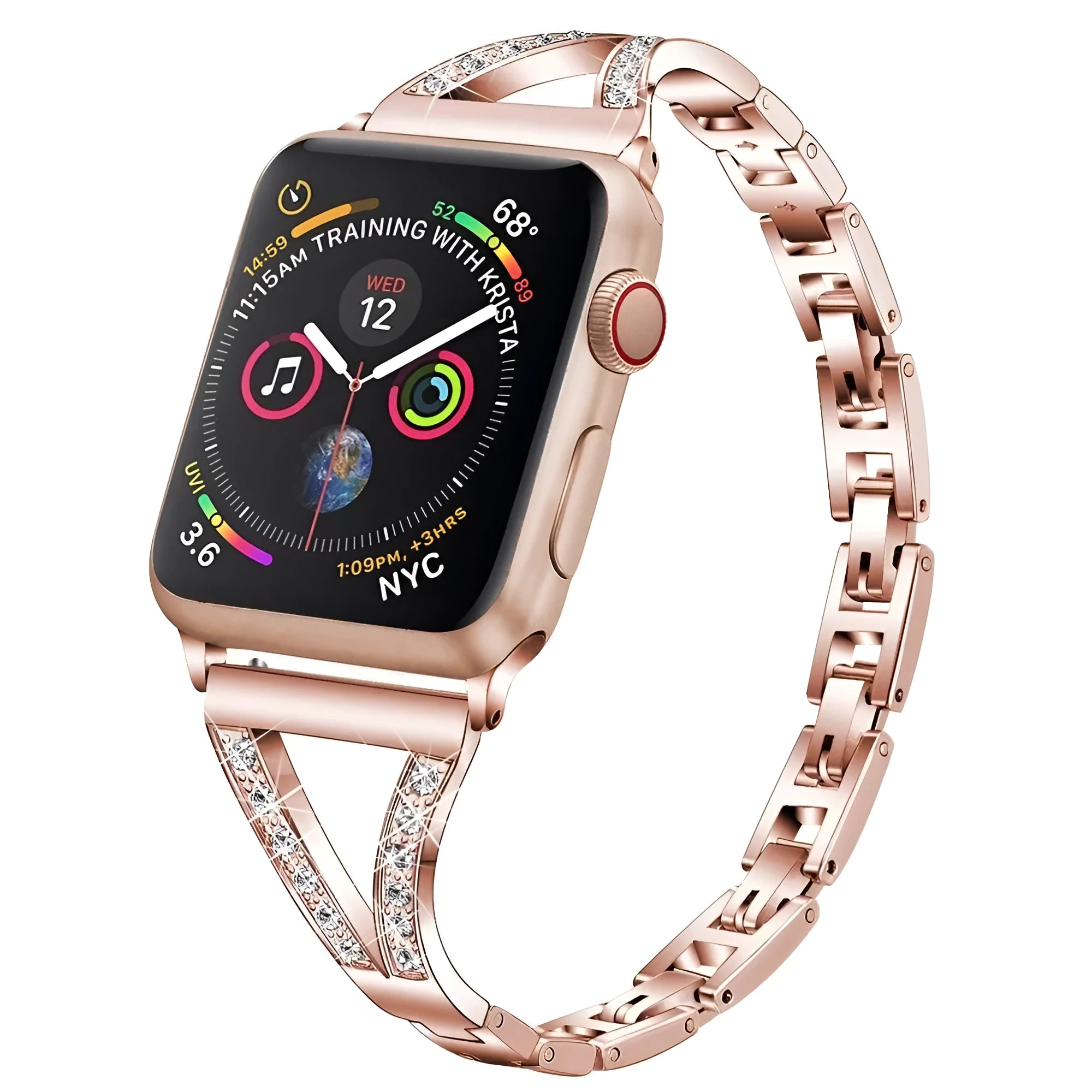 Diamond-studded stainless steel smart watch strap in multiple colours for 38mm and 42mm cases.