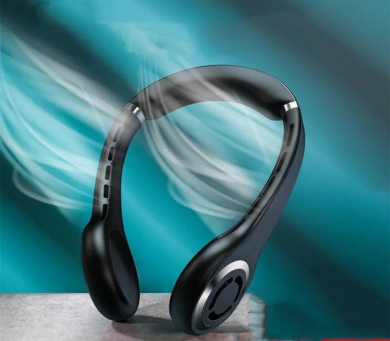 Black hanging neck fan with ultra-quiet mini USB design and dual battery pack worn around neck