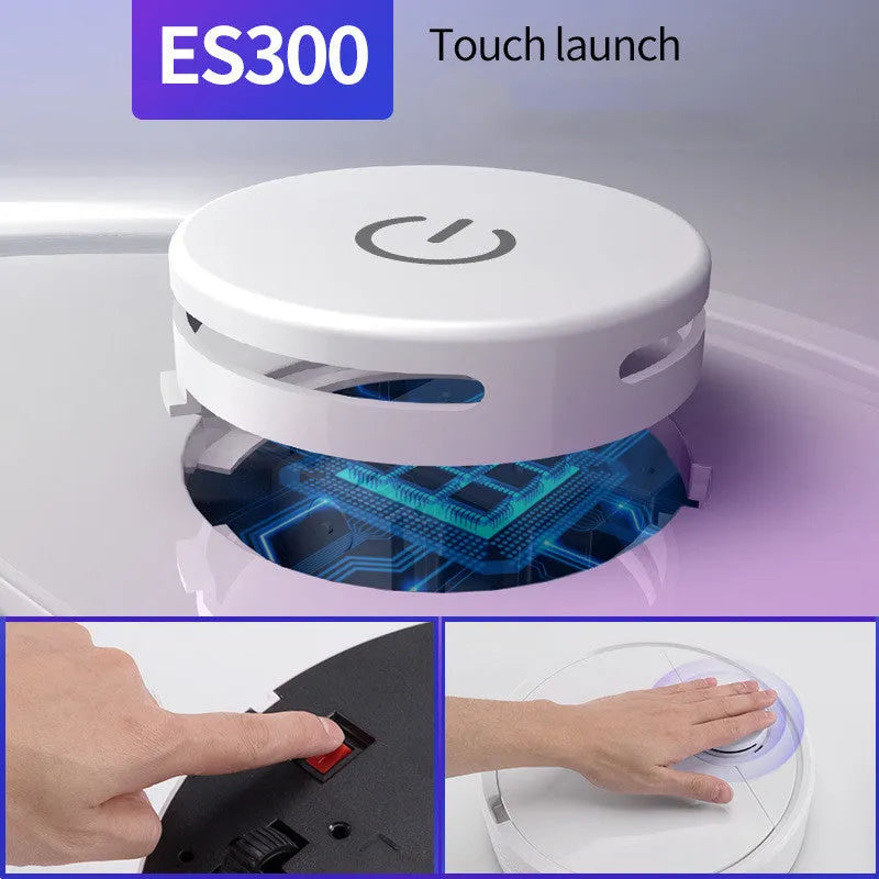Automatic sweeping robot with 28cm diameter on a hardwood floor.