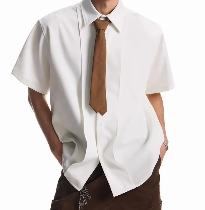 Detachable Padded Shoulder Lapel Short Sleeve Shirt for Men and Women, Loose Fit Minimalist Style, Polyester Blend with Non-Ironing Treatment, Available in Black and White Sizes M to 2XL