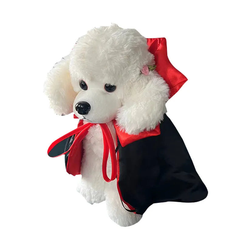 Red bat wing cloak and pointed hat Halloween costume set on a small dog.