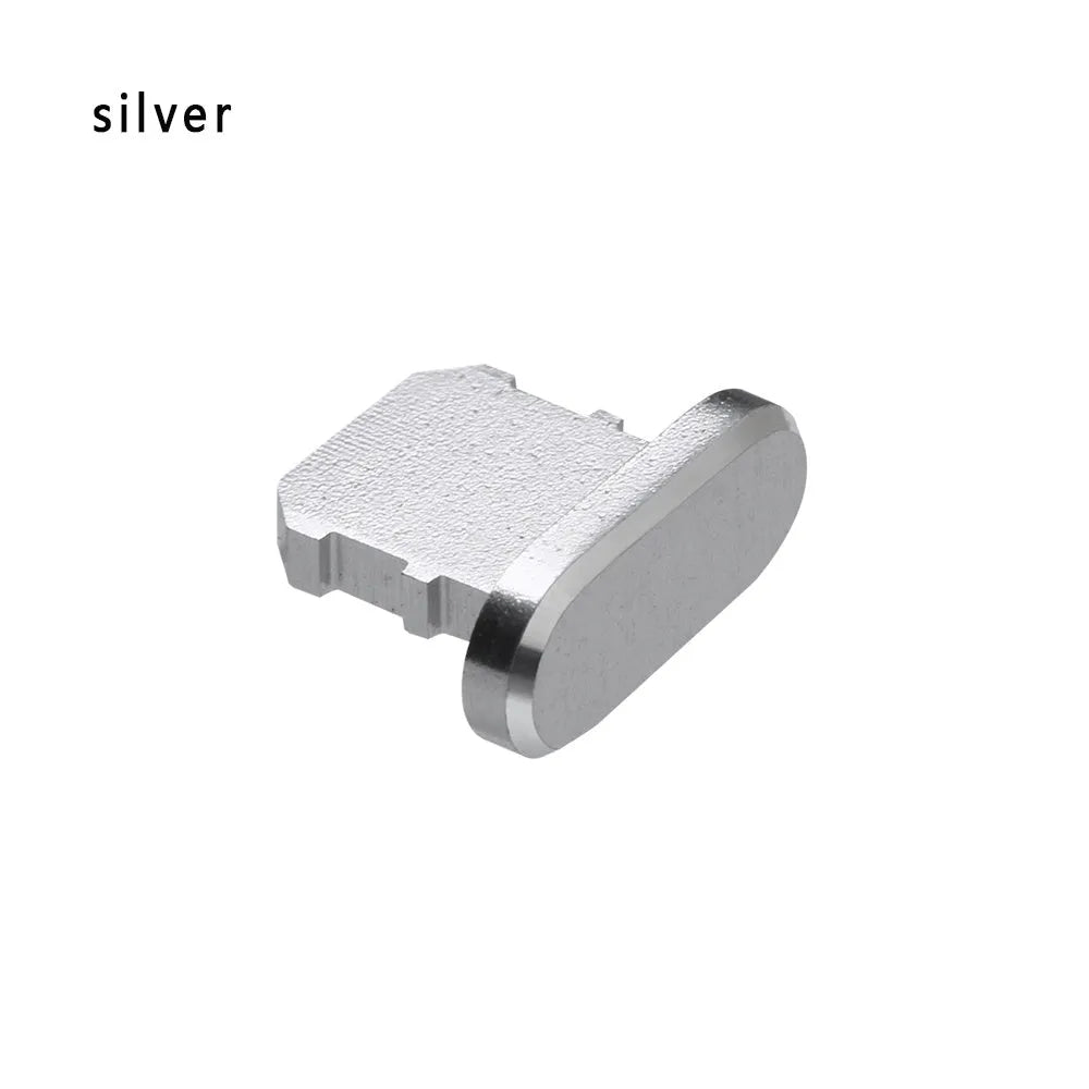 Aluminium alloy charging port dust plug for iPhone in various metallic colours including gold and rose gold.