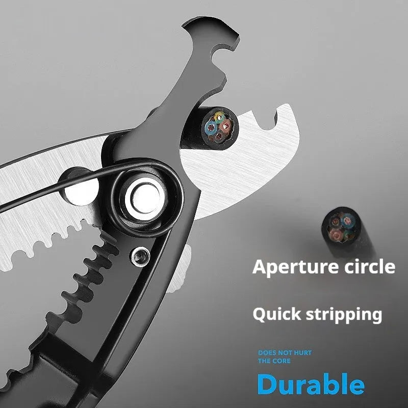 Fully automatic wire stripping pliers tool with high carbon steel blades.