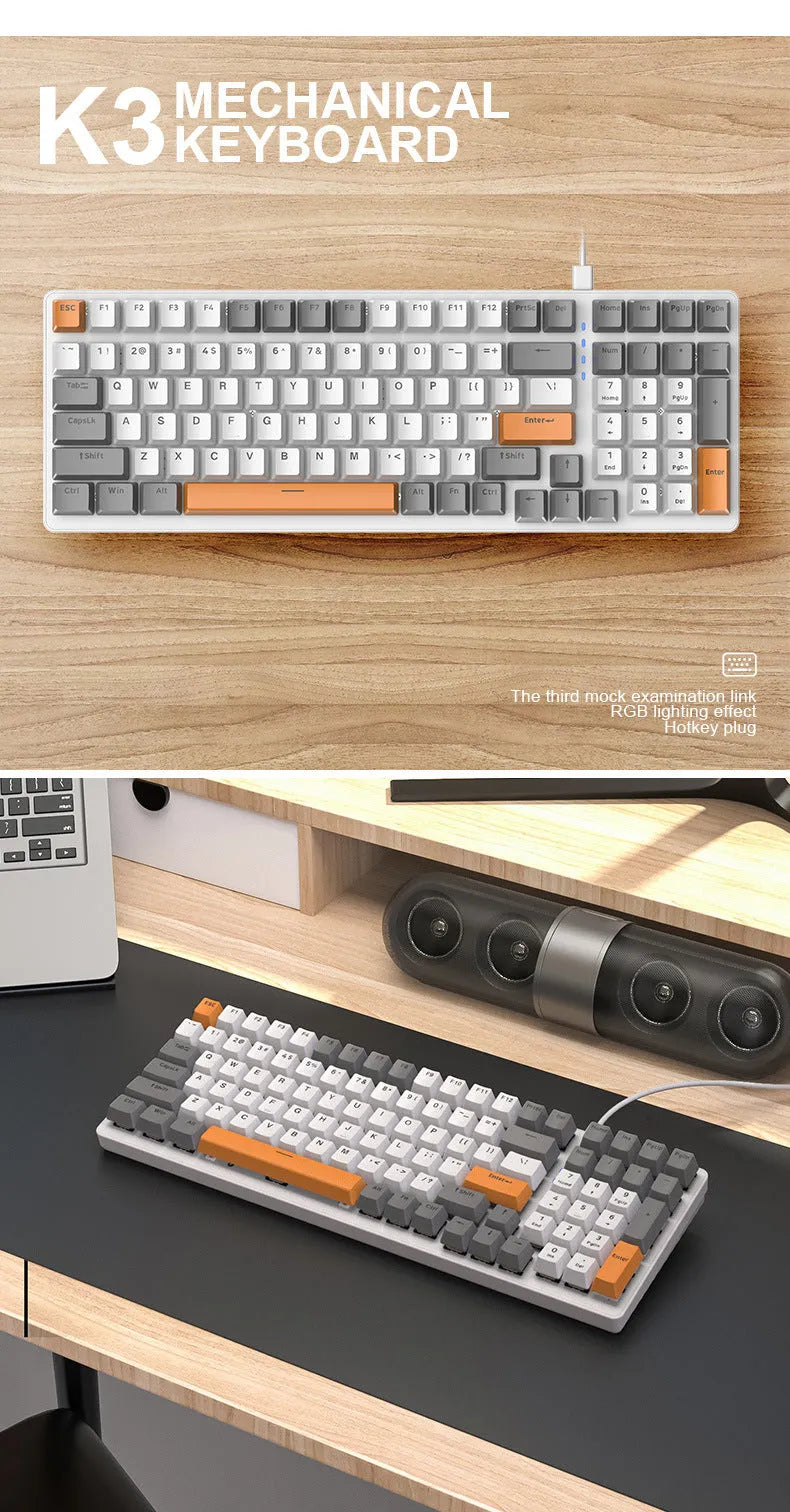 Wired mechanical keyboard with 100 keys made of ABS plastic, featuring USB cable and blue switches for computer gaming