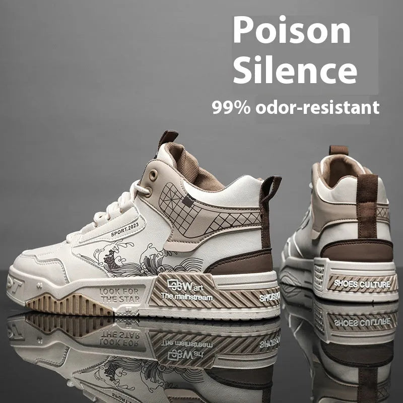 Men's high-top board shoes in beige with mesh lining and rubber sole