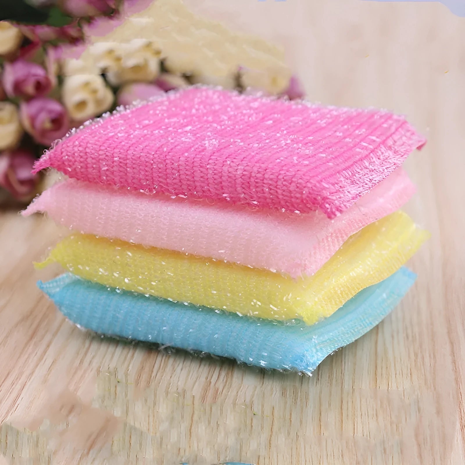 Macaron coloured pinstripe fabric dishwashing sponge mop for wet and dry cleaning.