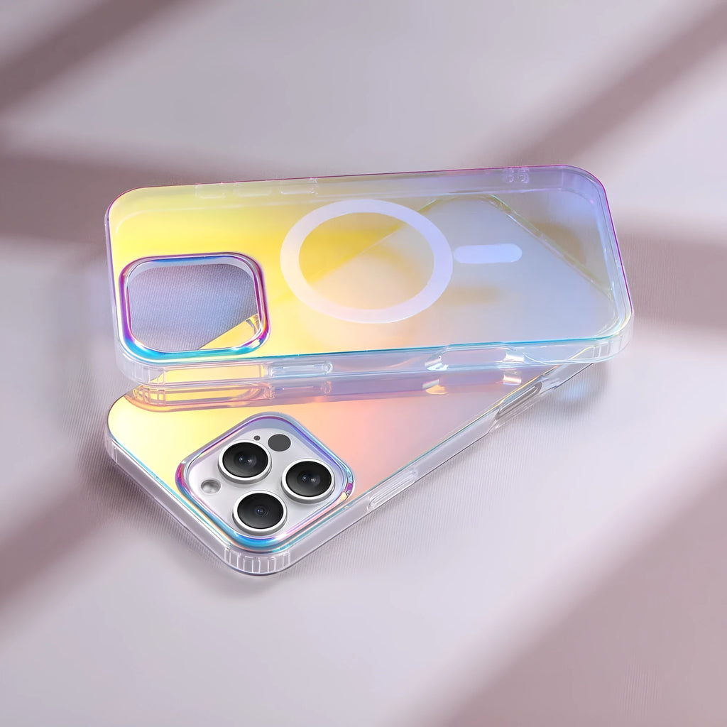 Glossy chameleon colour-changing magnetic suction case for iPhone on a white background.