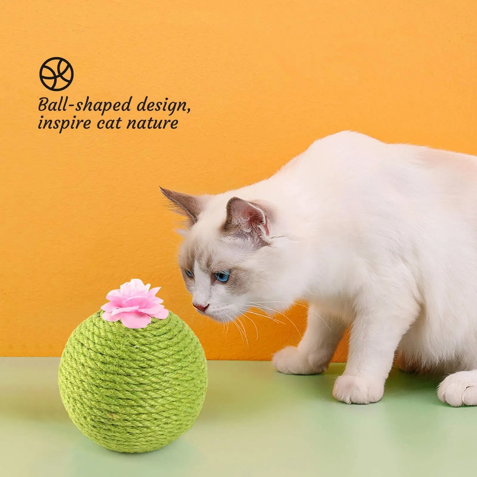 Green cactus-shaped cat tumbler scratcher with sisal ball on a tree tower