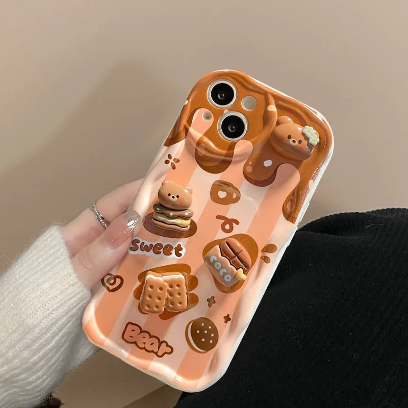 Silicone phone case with chocolate doll lanyard for Apple iPhone in cream pattern, anti-fall protection