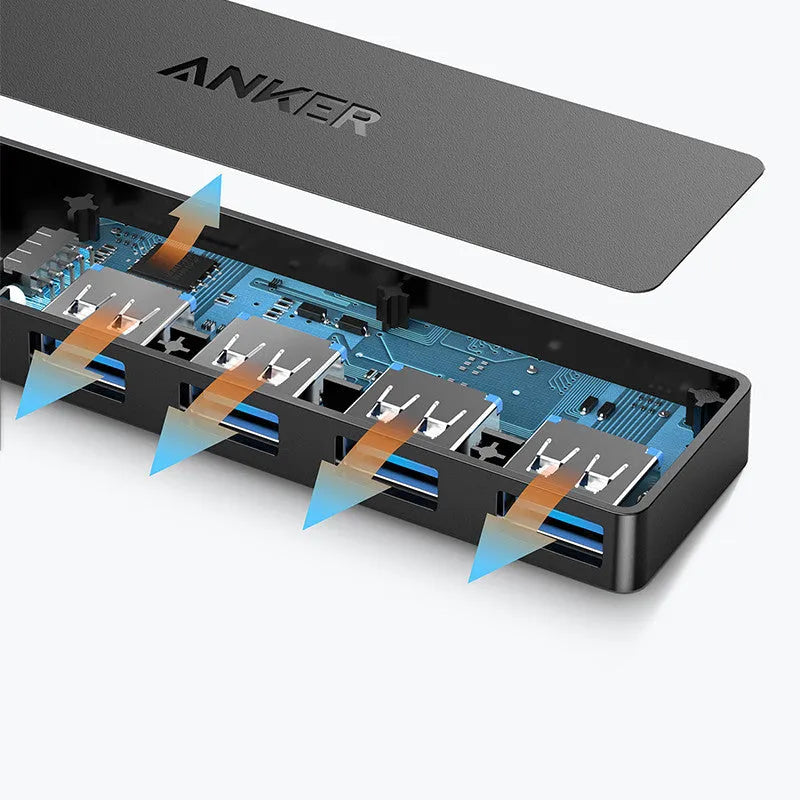 Black Anker 4-port USB 3.0 hub with aluminium casing and 20 cm connecting cable