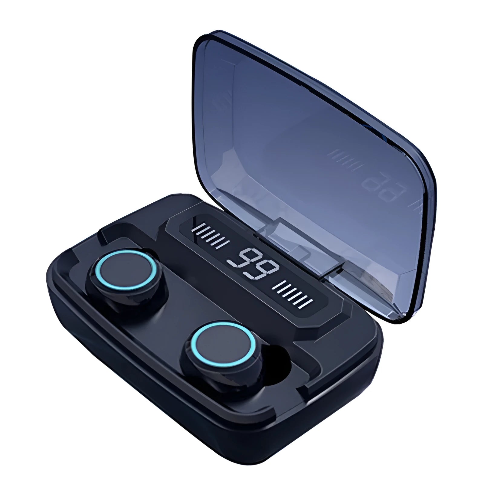 Black M11 Bluetooth wireless neckband headset with digital display and integrated mobile phone holder.