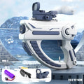 Blue electric water gun with USB charging port and water reservoir