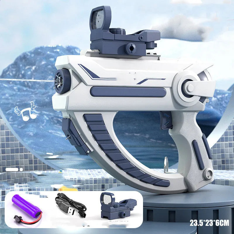 Blue electric water gun with USB charging port and water reservoir
