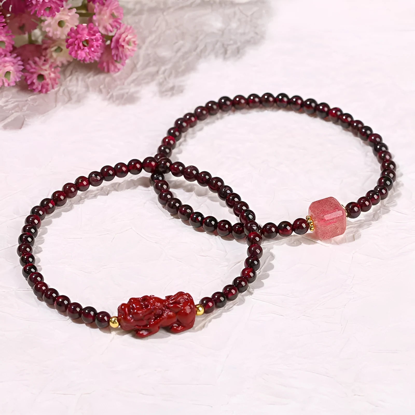 Natural garnet square bracelet with geometric design and pixiu charm detail