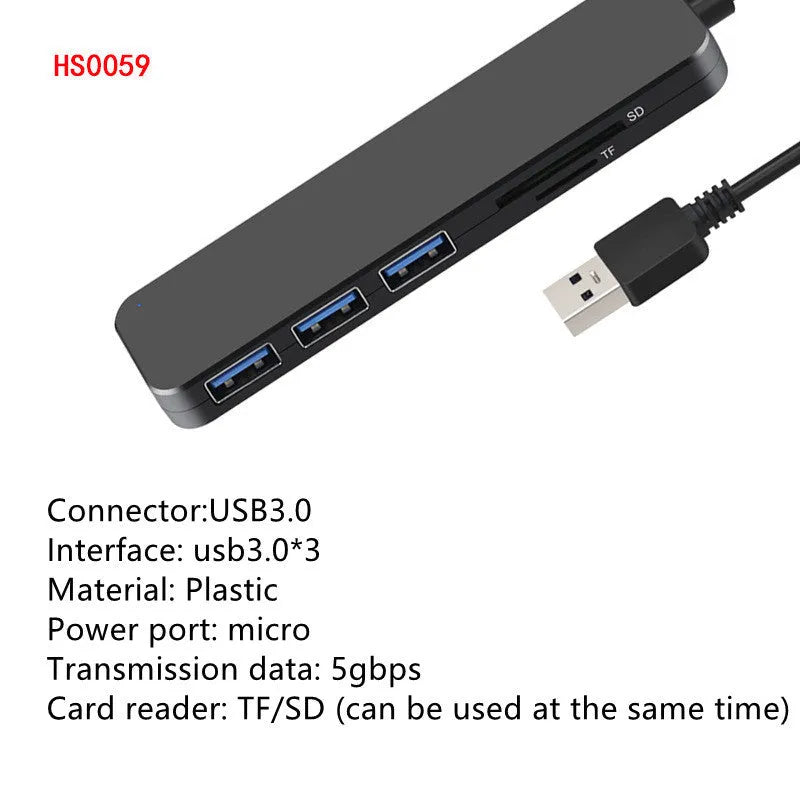 Black USB 3.0 hub with four ports, LED indicators, and a 30cm connecting cable.