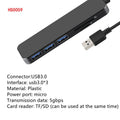 Black USB 3.0 hub with four ports, LED indicators, and a 30cm connecting cable.