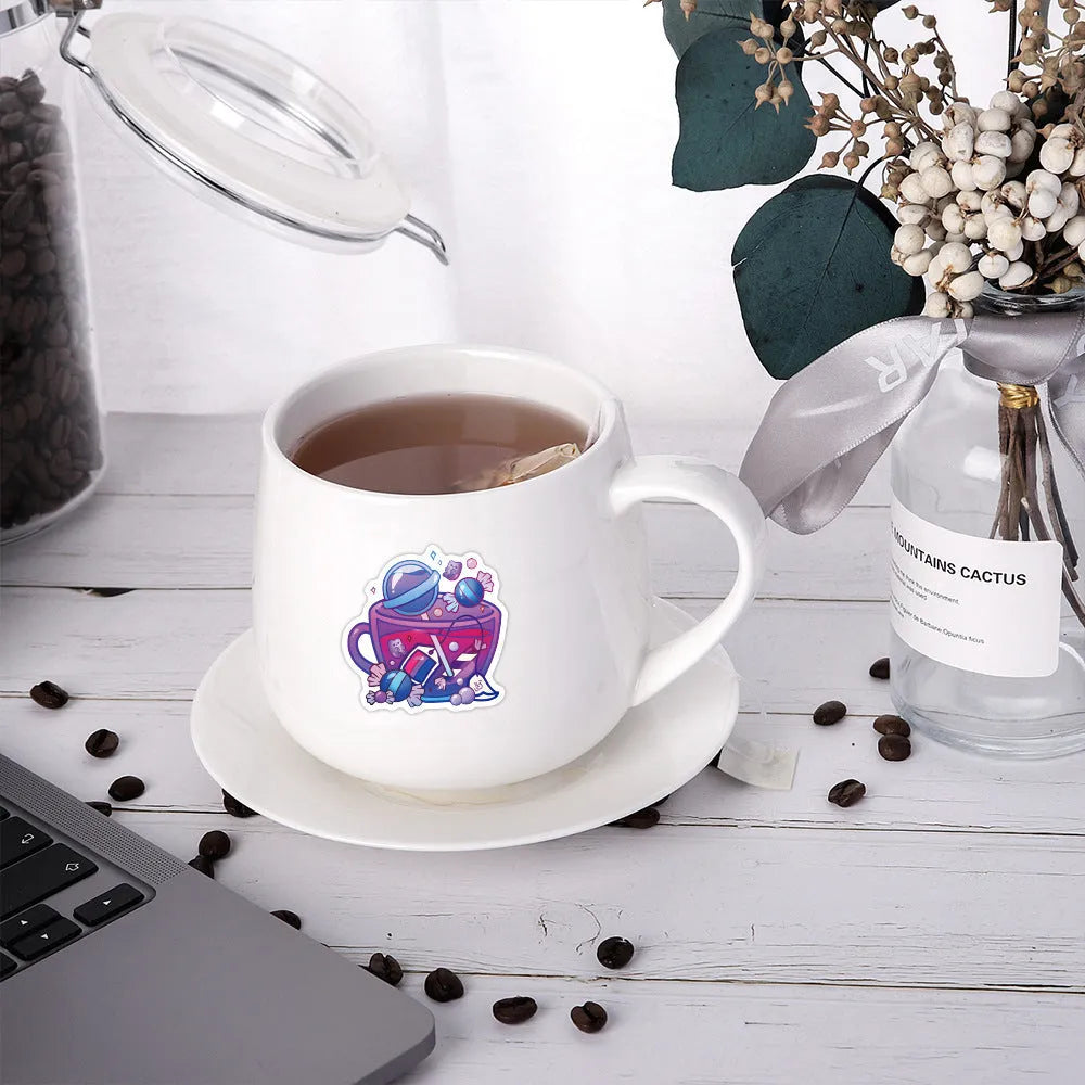 Colourful tea cup graffiti design waterproof stickers, 50-piece pack for luggage and scooter customisation.