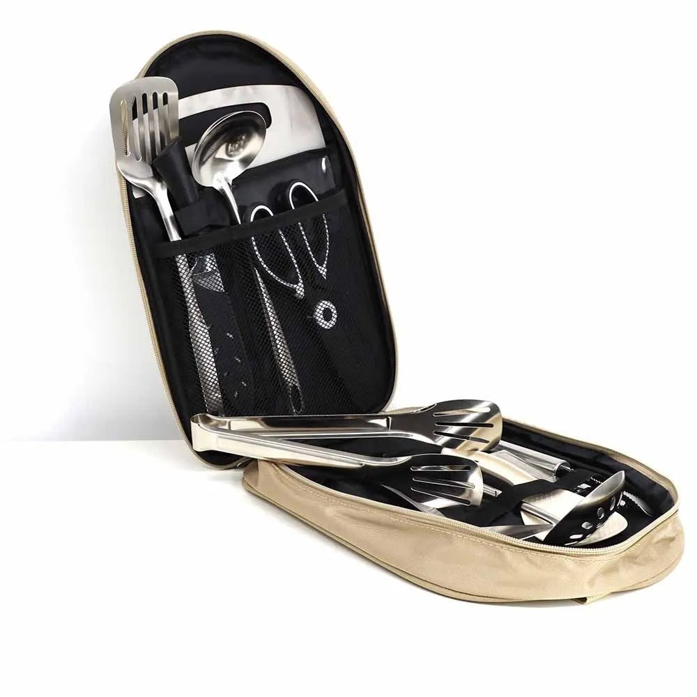 Portable storage bag containing a 12-piece stainless steel picnic cutlery set for outdoor use.