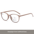 Women's ultra-light multi-focus presbyopic glasses in black and blue frame on a table.