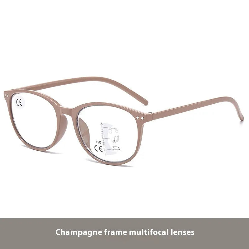 Women's ultra-light multi-focus presbyopic glasses in black and blue frame on a table.