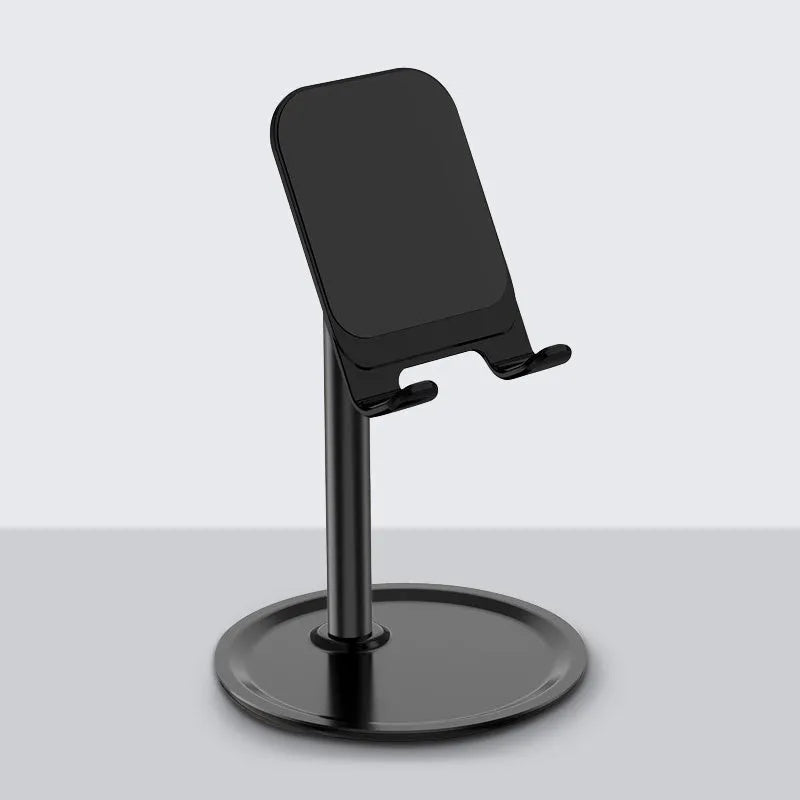 Silver white aluminium alloy desktop stand holding a mobile phone.