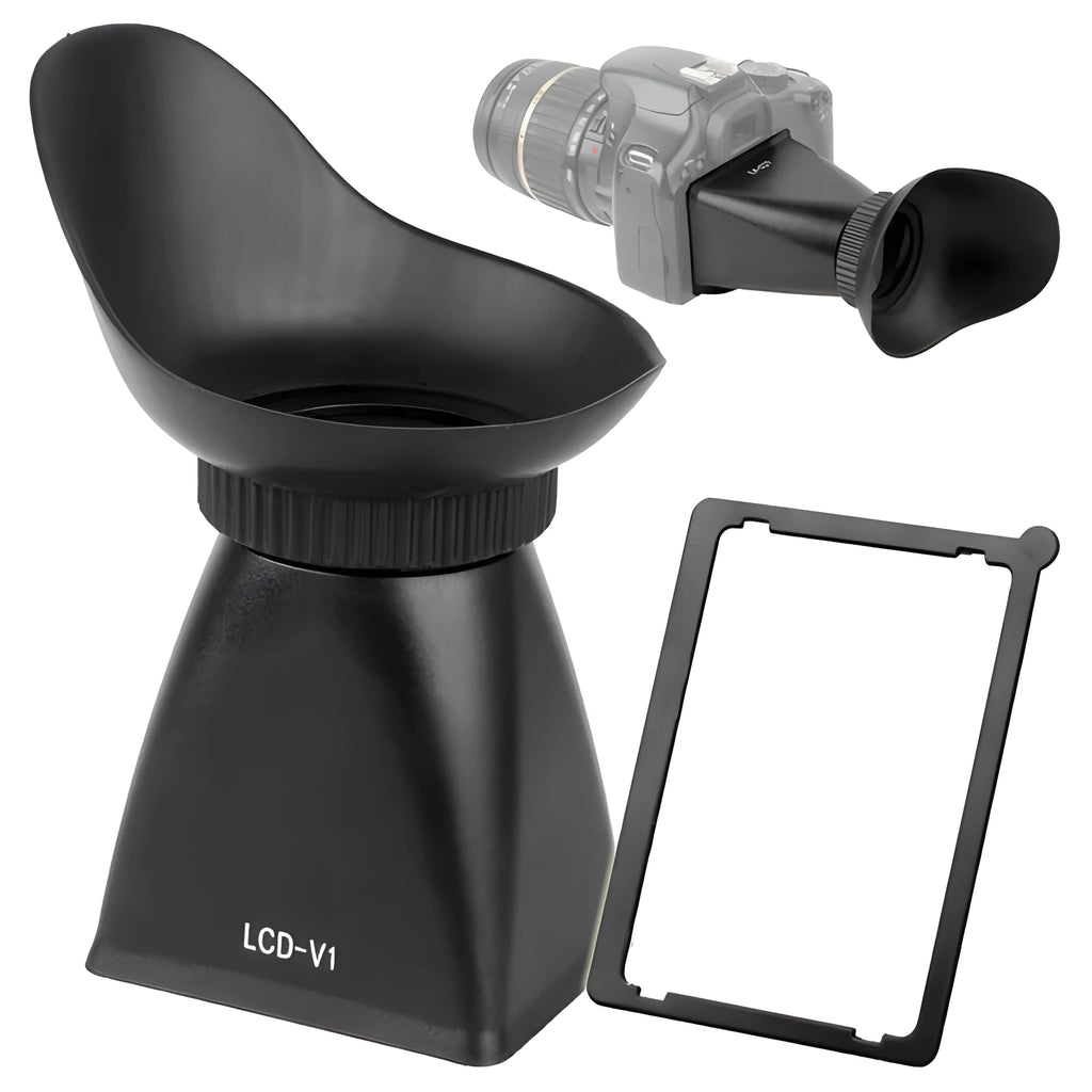 Black camera LCD viewfinder magnifier attached to a DSLR, showing 180-degree rotation.