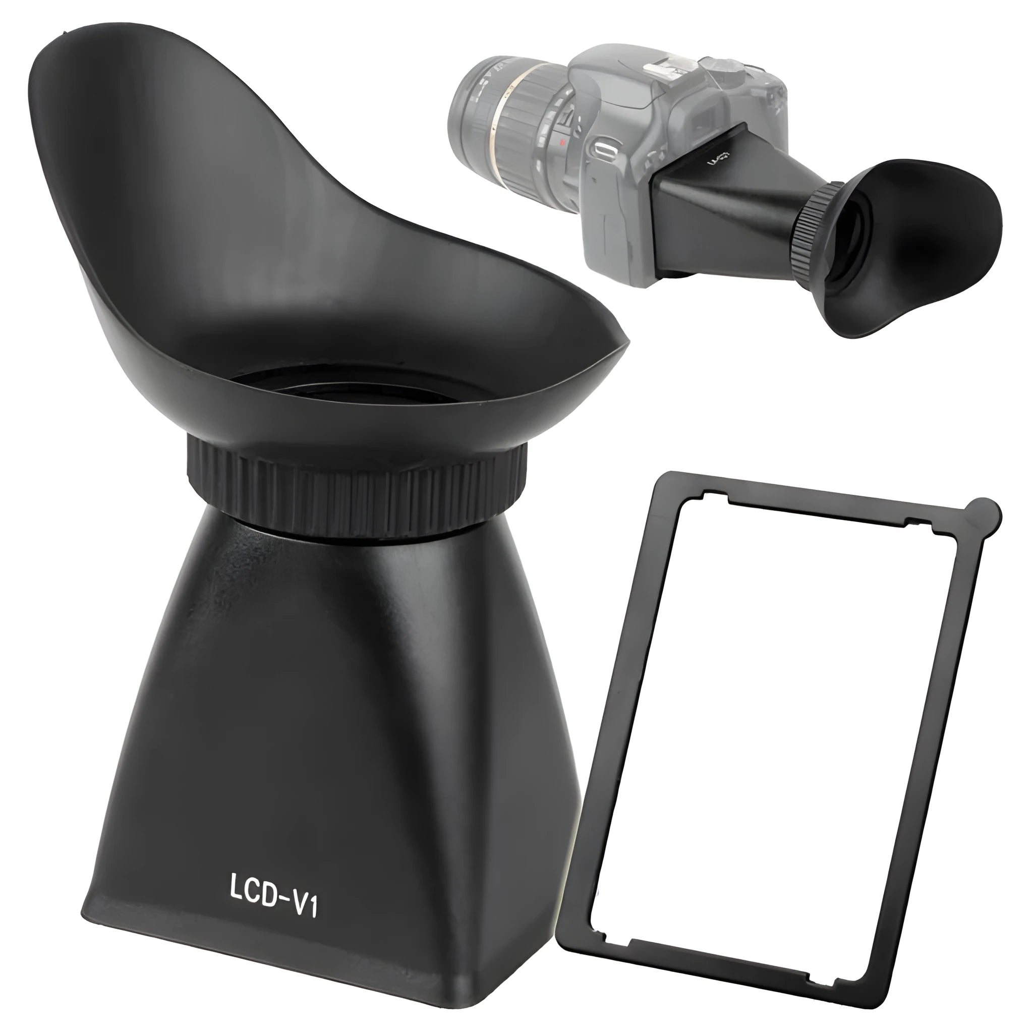 Black camera LCD viewfinder magnifier attached to a DSLR, showing 180-degree rotation.