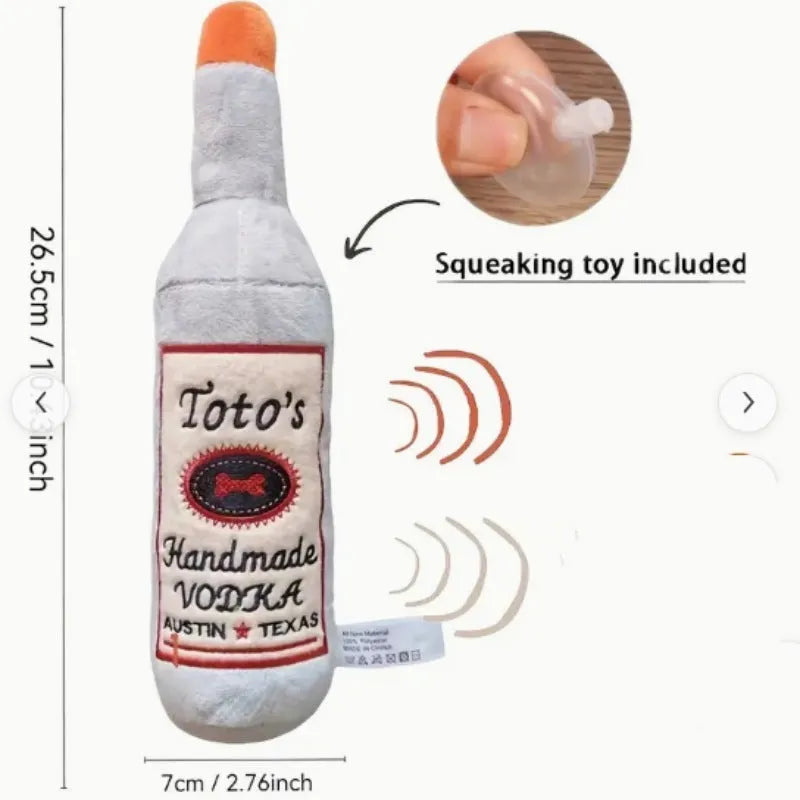 Brown plush wine bottle-shaped dog chew toy with squeaker for aggressive chewers