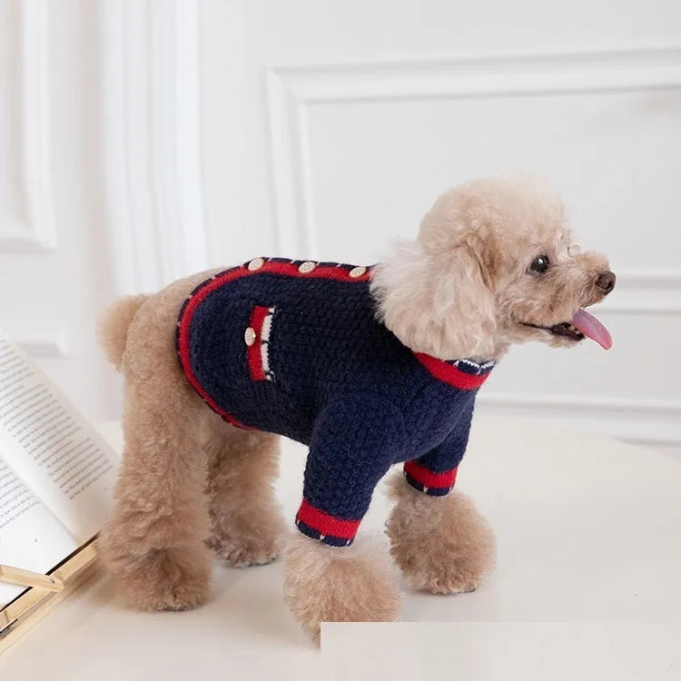 Blue knitted wool blend cardigan sweater for a dog, showing classic Bejirog style and cardigan opening.