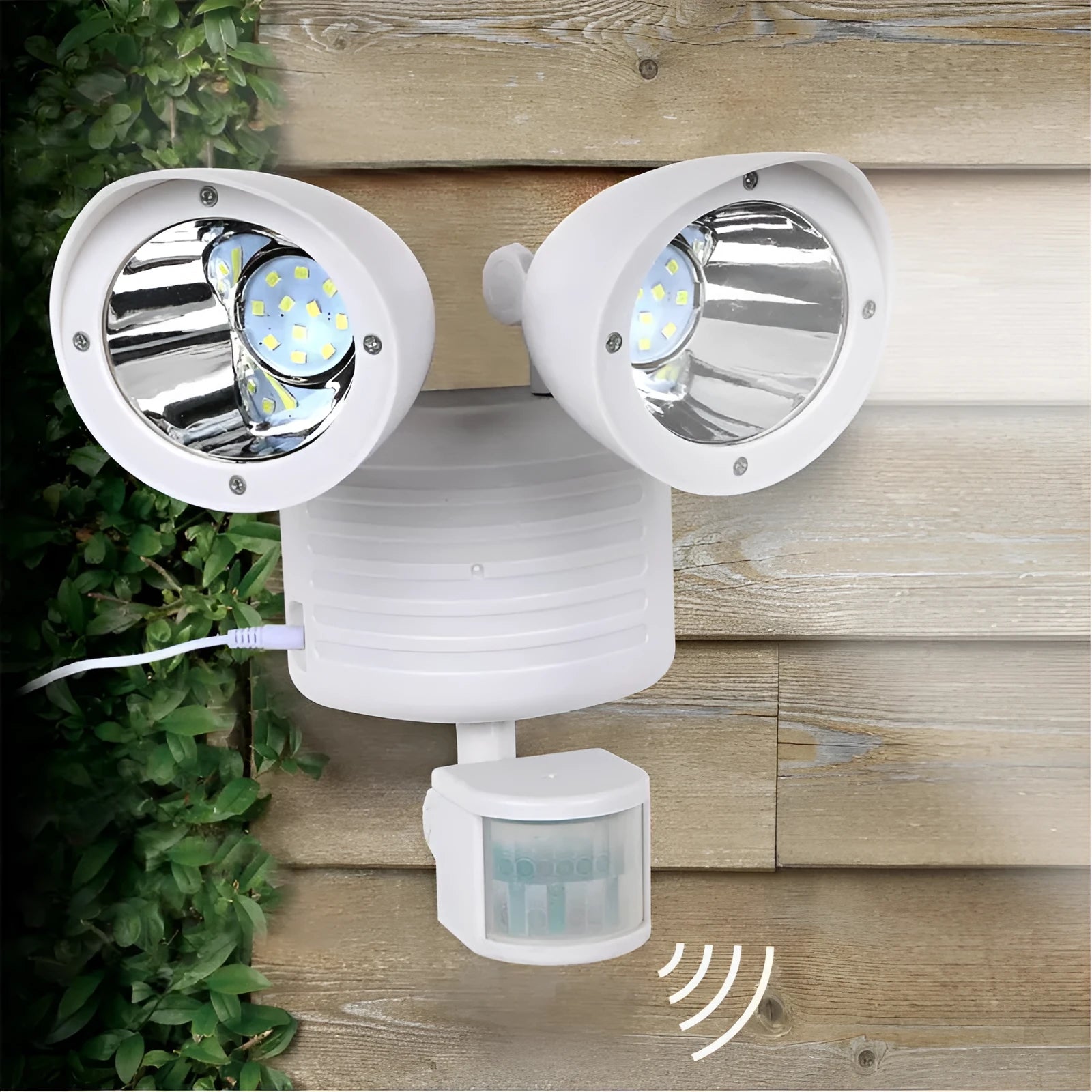 Black and white dual head solar security spotlight with motion sensor for outdoor wall mounting
