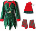 Kids Christmas elf costume in green with sequin details, hat and socks on a child model.