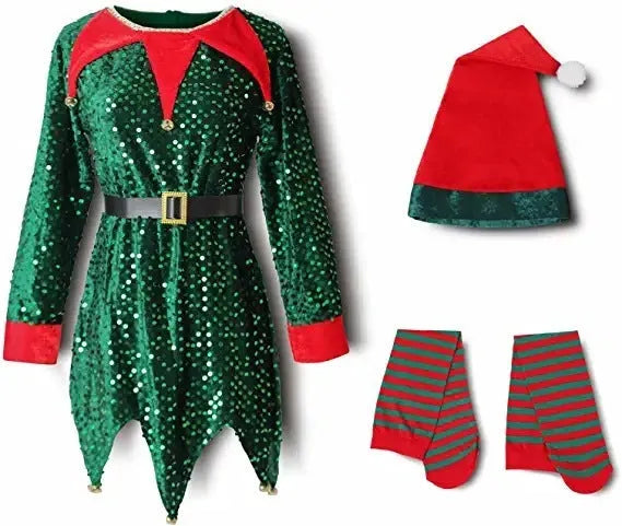 Kids Christmas elf costume in green with sequin details, hat and socks on a child model.