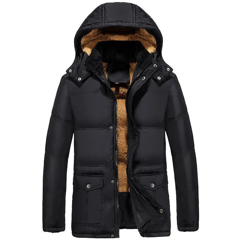 Man wearing a black hooded double-breasted padded winter jacket with a velvet lining.