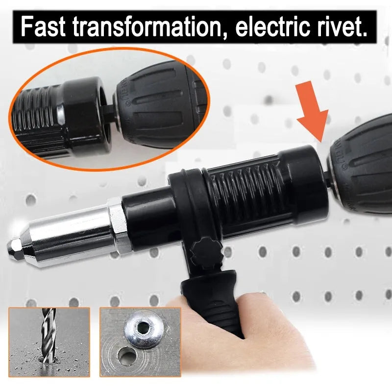 Black metal electric drill rivet gun attachment with alloy steel head, shown with handle, wrench, and four rivet heads.