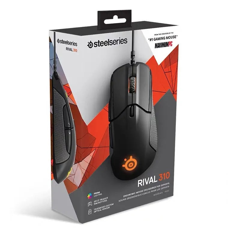 Wired mechanical gaming mouse in black with ergonomic shape, 12000 DPI, six buttons, and USB cable