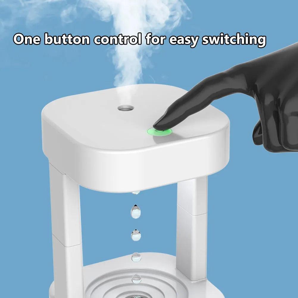 White portable humidifier with anti-gravity water droplet illusion and 580ml transparent tank
