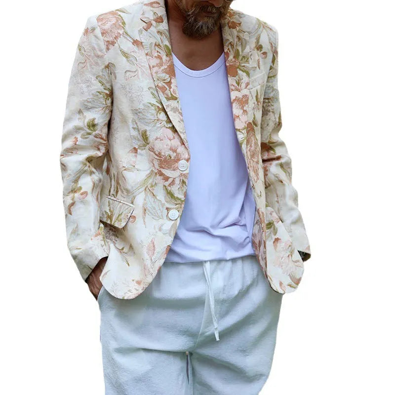 Men's casual white printed long sleeve polyester top on a hanger