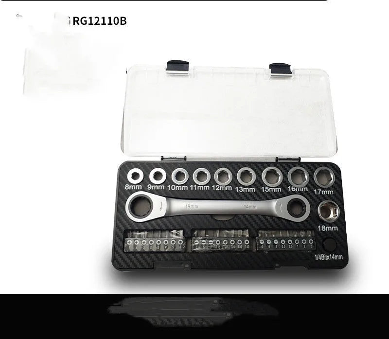 A two-way reversible ratchet wrench set with ten sockets and three screwdriver bits laid out on a surface.