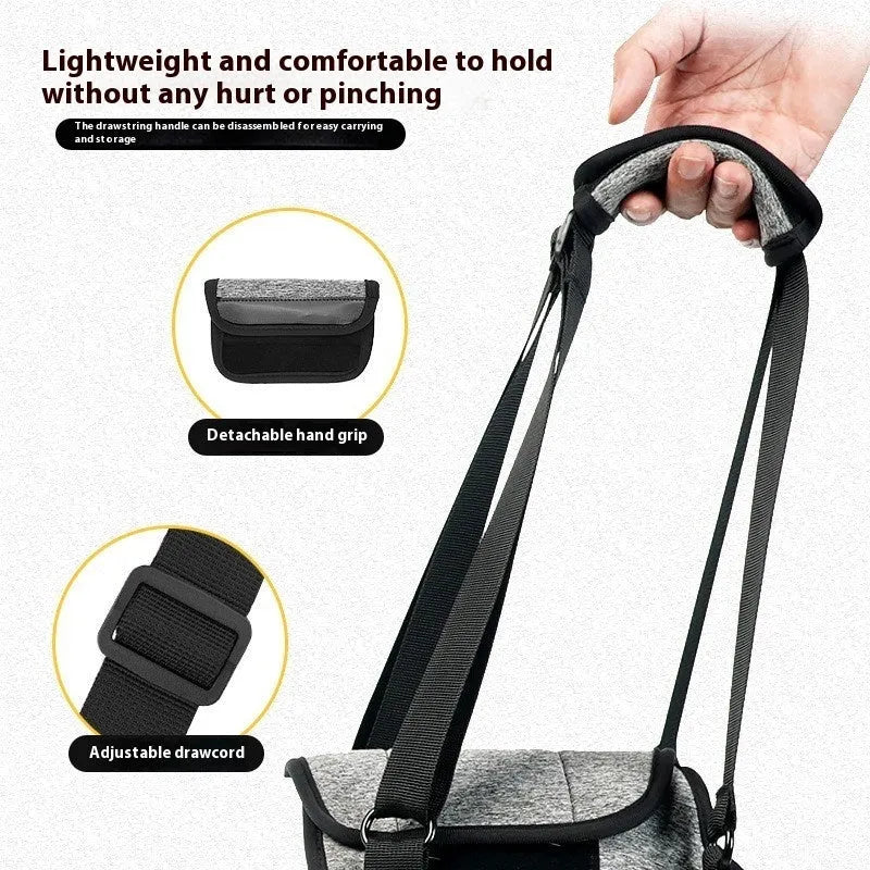Grey neoprene dog rear leg recovery support harness shown laid flat, with adjustable straps for waist and thigh.