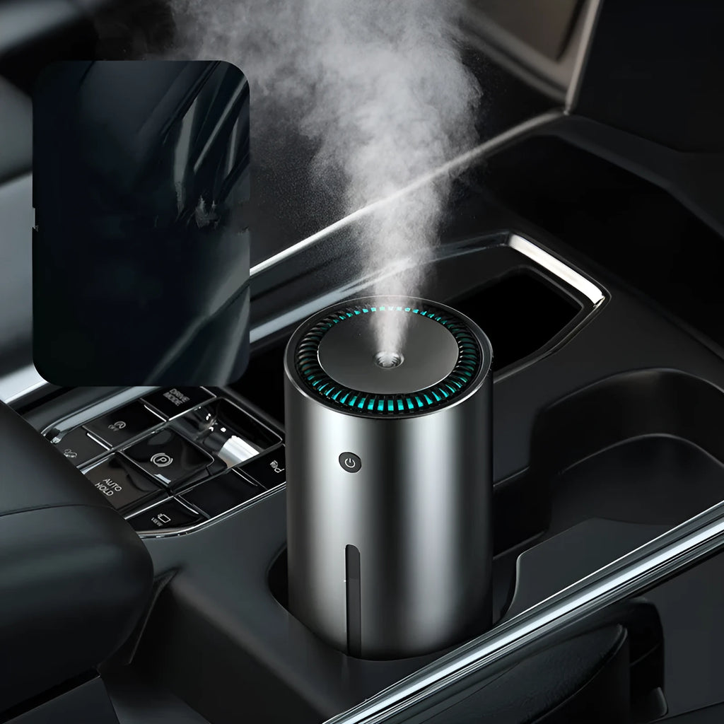 Black aluminium alloy car diffuser humidifier with USB cable, emitting a cool mist for air purification.